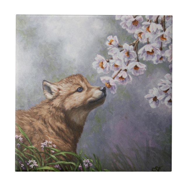 Cute Baby Gray Wolf Pup and Flowers Ceramic Tile (Front)