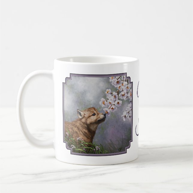 Cute Baby Gray Wolf Pup and Flowers Coffee Mug (Left)