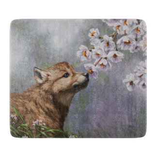 Cute Baby Gray Wolf Pup and Flowers Cutting Board
