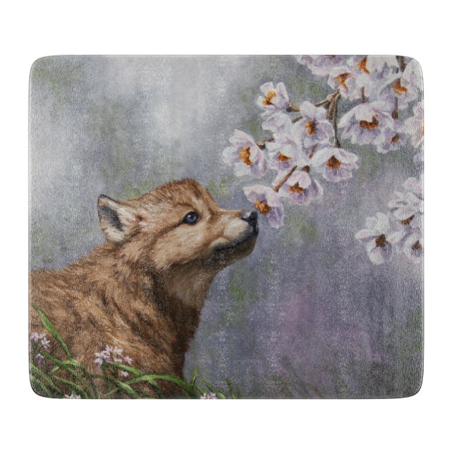 Cute Baby Gray Wolf Pup and Flowers Cutting Board (Front)