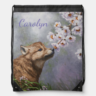 Cute Baby Gray Wolf Pup and Flowers Drawstring Bag