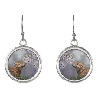 Cute Baby Gray Wolf Pup and Flowers Earrings
