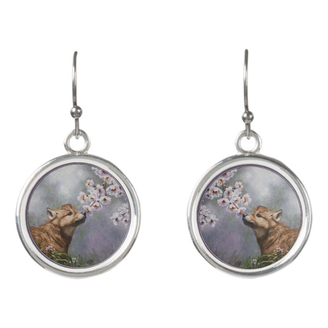 Cute Baby Gray Wolf Pup and Flowers Earrings (Front)