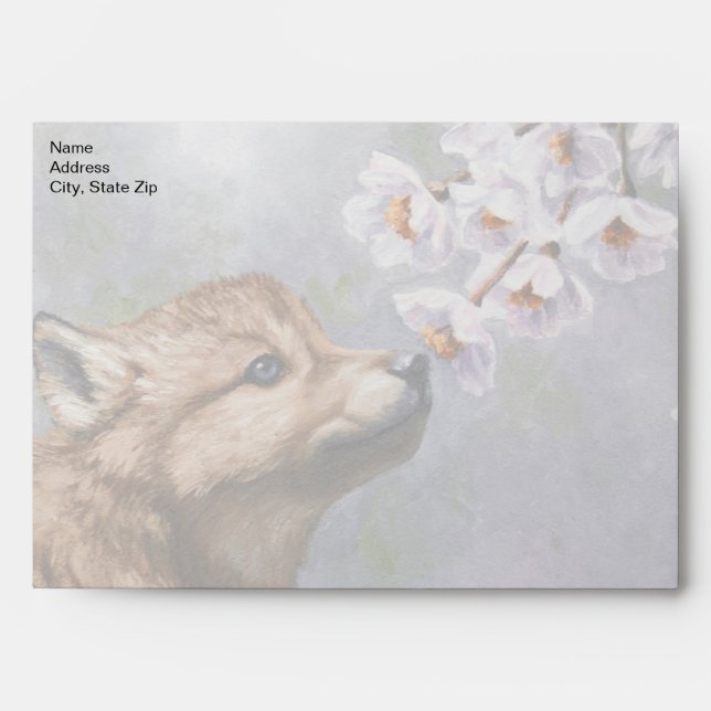 Cute Baby Gray Wolf Pup and Flowers Envelope (Front)