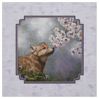 Cute Baby Gray Wolf Pup and Flowers Fabric