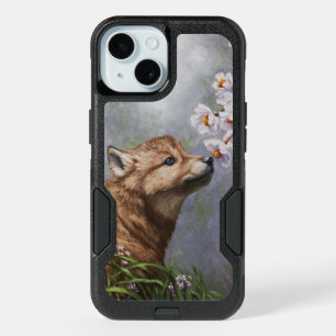 Cute Baby Gray Wolf Pup and Flowers iPhone 15 Case