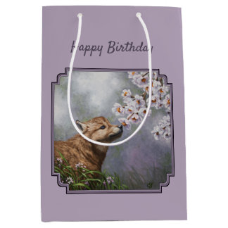 Cute Baby Gray Wolf Pup and Flowers Medium Gift Bag