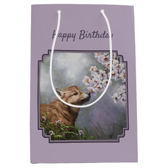 Cute Baby Gray Wolf Pup and Flowers Medium Gift Bag (Front)