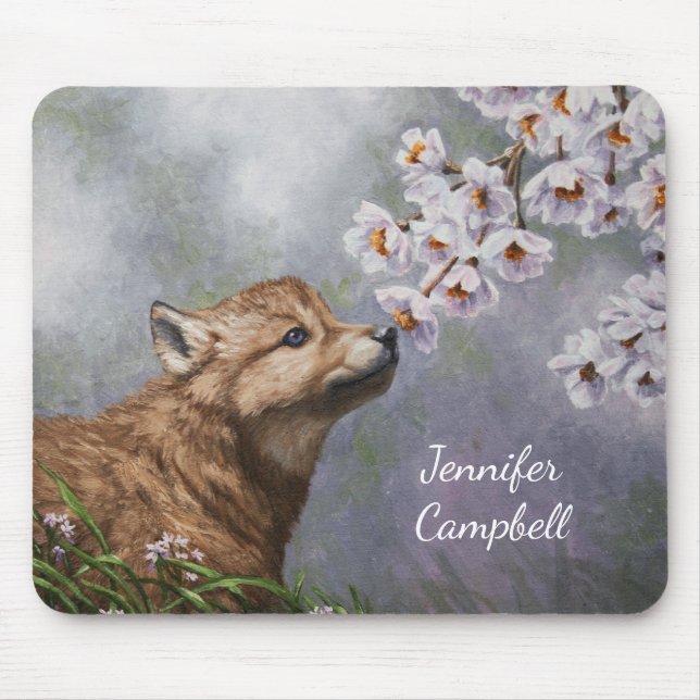 Cute Baby Gray Wolf Pup and Flowers Mouse Pad (Front)
