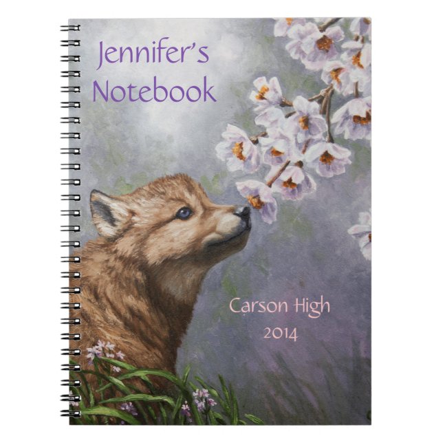 Cute Baby Gray Wolf Pup and Flowers Notebook (Front)