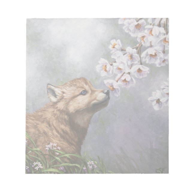 Cute Baby Gray Wolf Pup and Flowers Notepad (Front)