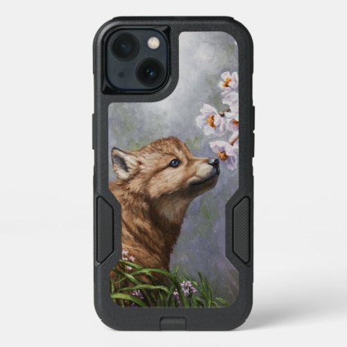 Cute Baby Gray Wolf Pup and Flowers iPhone 13 Case