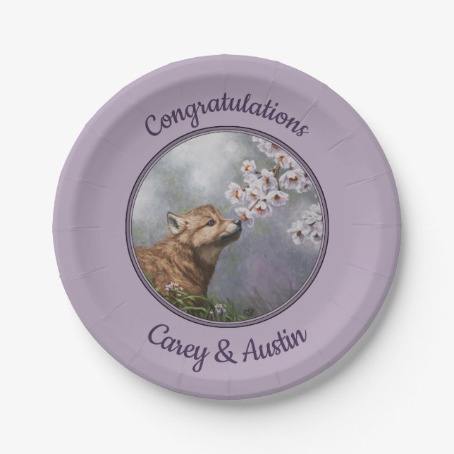 Cute Baby Gray Wolf Pup and Flowers Paper Plates (Front)