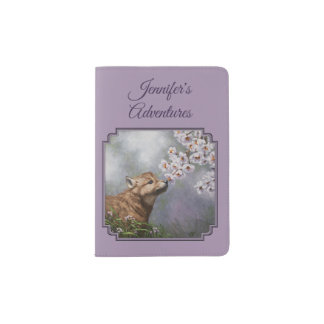 Cute Baby Gray Wolf Pup and Flowers Passport Holder