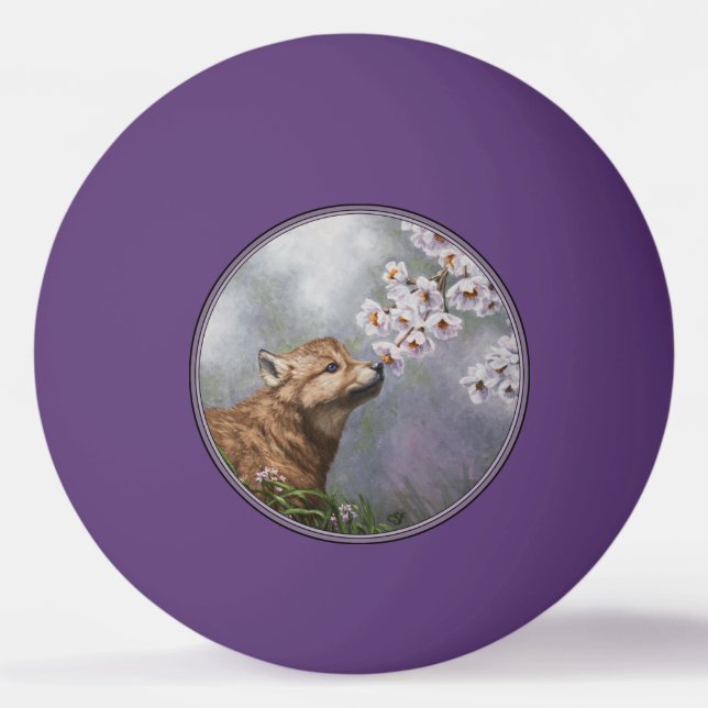 Cute Baby Gray Wolf Pup and Flowers Ping Pong Ball (Front)
