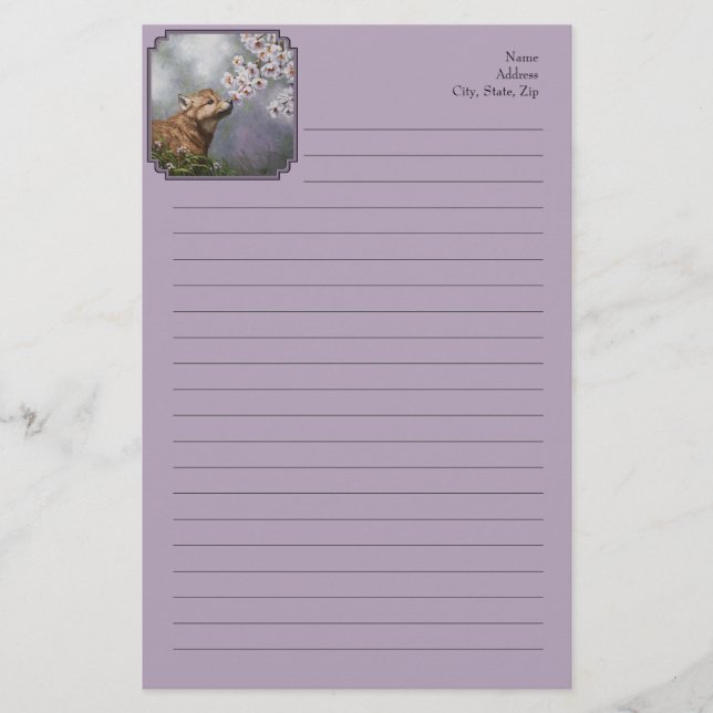 Cute Baby Gray Wolf Pup and Flowers Stationery (Front)