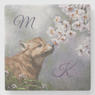 Cute Baby Gray Wolf Pup and Flowers Stone Coaster