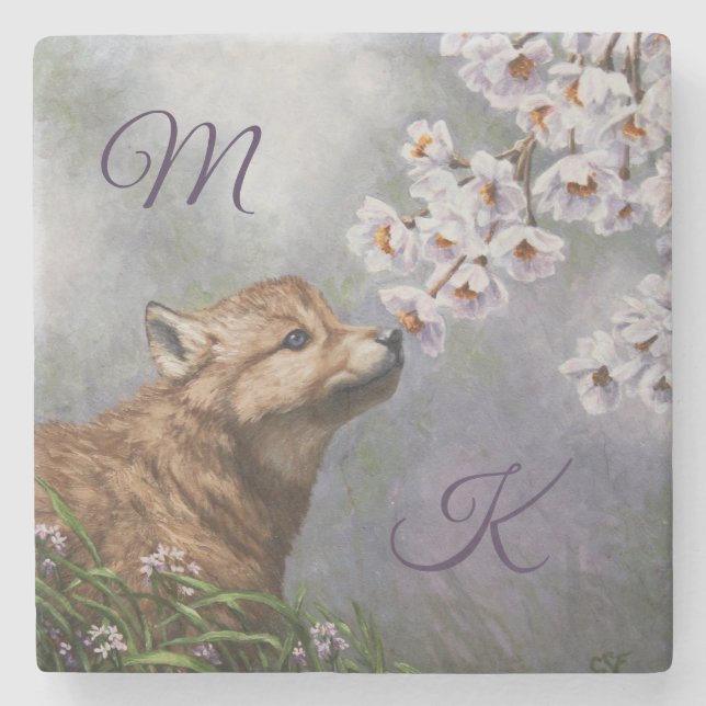 Cute Baby Gray Wolf Pup and Flowers Stone Coaster (Front)