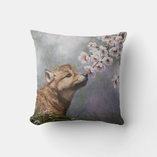 Cute Baby Gray Wolf Pup and Flowers Throw Pillow (Front)