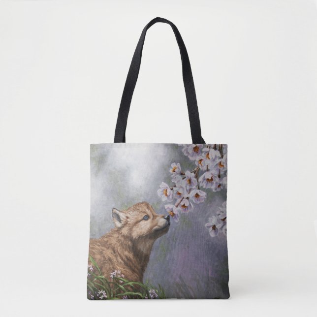 Cute Baby Gray Wolf Pup and Flowers Tote Bag (Front)