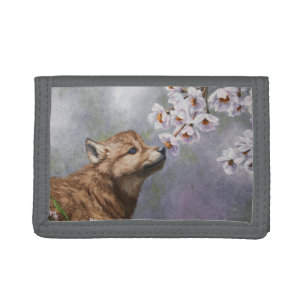 Cute Baby Gray Wolf Pup and Flowers Tri-fold Wallet