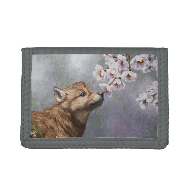 Cute Baby Gray Wolf Pup and Flowers Trifold Wallet (Front)