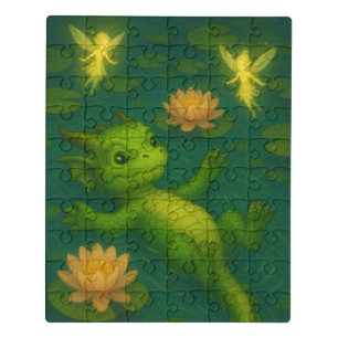 Cute baby green forest dragon puppy eyes swimming jigsaw puzzle