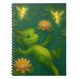 Cute baby green forest dragon puppy eyes swimming notebook