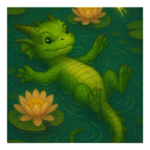 Cute baby green forest dragon puppy eyes swimming poster