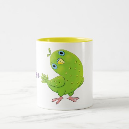 Cute baby green parakeet cartoon illustration Two_Tone coffee mug