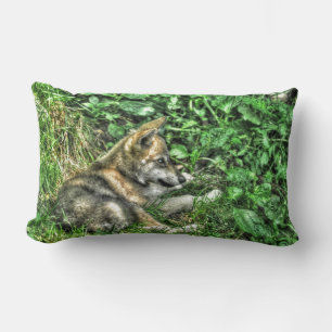 Cute Baby Grey Wolf Pup Wildlife Photo Lumbar Pillow