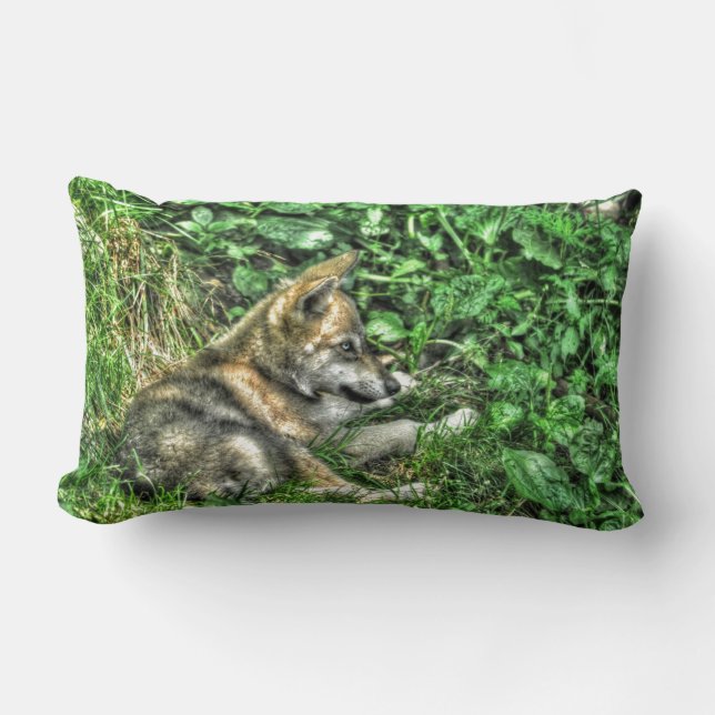 Cute Baby Grey Wolf Pup Wildlife Photo Lumbar Pillow (Front)