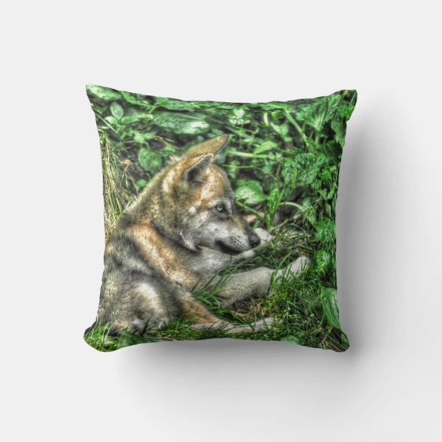 Cute Baby Grey Wolf Pup Wildlife Photo Throw Pillow (Front)