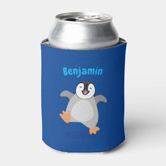 Cute baby happy emperor penguin cartoon can cooler (Can Front)