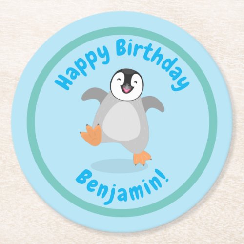 Cute baby happy emperor penguin cartoon round paper coaster