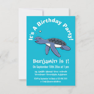 Cute baby happy sea turtle swimming cartoon invitation