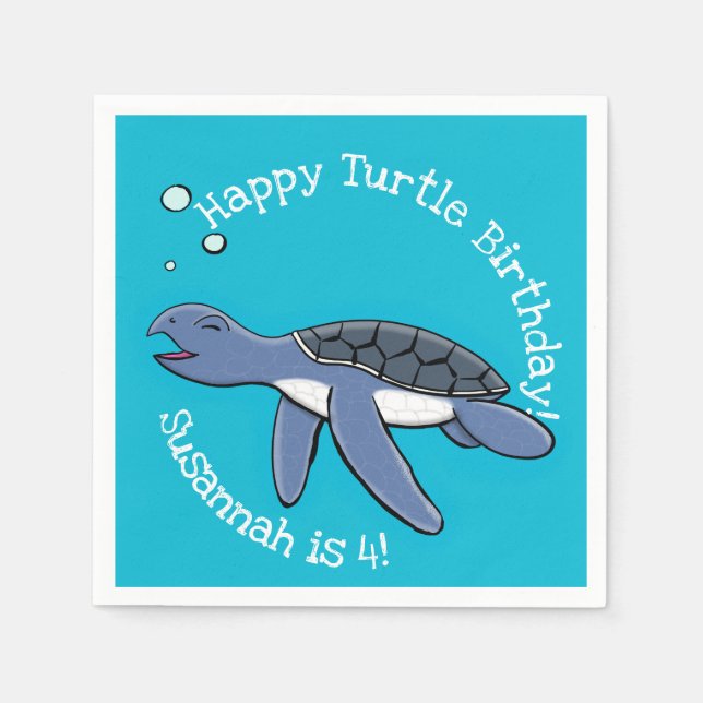Cute baby happy sea turtle swimming cartoon napkins (Front)