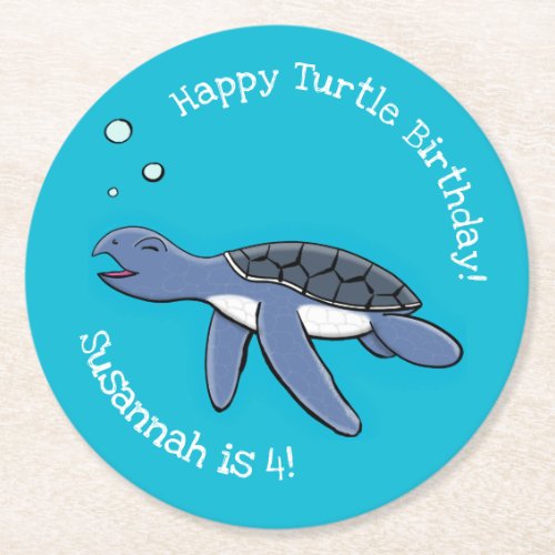 Cute baby happy sea turtle swimming cartoon round paper coaster