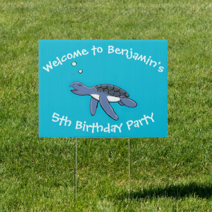 Cute baby happy sea turtle swimming cartoon sign