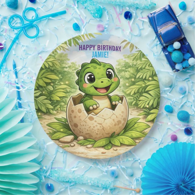 Cute Baby Hatchling Dinosaur Birthday Paper Plates (Party)