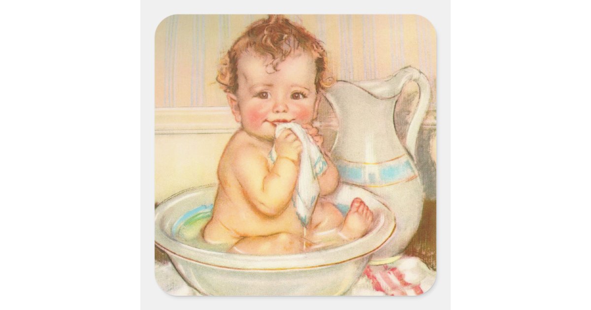 Cute Baby Having a Bath Square Sticker Zazzle