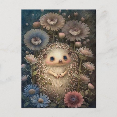 Cute Baby Hedgehog And Flowers Postcard