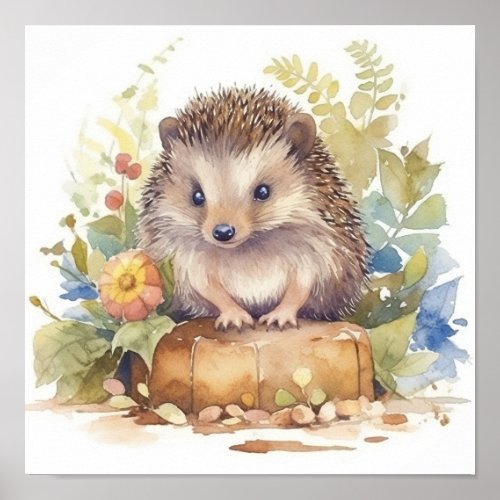 Cute Baby Hedgehog in a Flower Garden Watercolor Poster