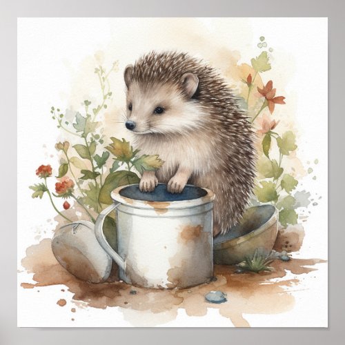 Cute Baby Hedgehog in a Flower Garden Watercolor Poster