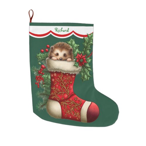 Cute Baby Hedgehog Peeking Large Christmas Stocking