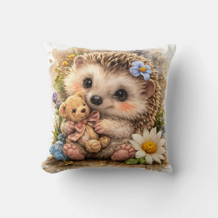 Cute Baby Hedgehog With Teddy Bear Floral Kawaii N Throw Pillow