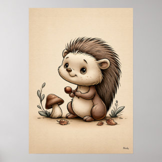 Cute Baby Hedgehog Woodland Nursery Scandinavian Poster