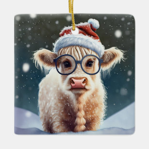 Cute baby Highland Cow In The Snow Ceramic Ornament