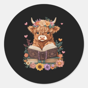Cute Baby Highland Cow Reading Book Lover Bookworm Classic Round Sticker