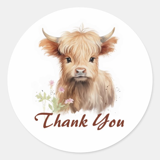 Cute Baby Highland Cow Spring Flowers Personalized Classic Round Sticker (Front)